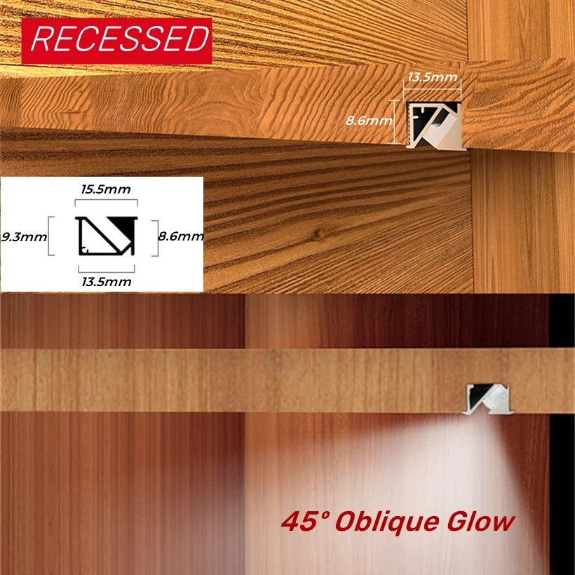 45 Degree Angle W15.5*H8.6 closet led cabinet light bar recessed extrusion led aluminum profile for furniture