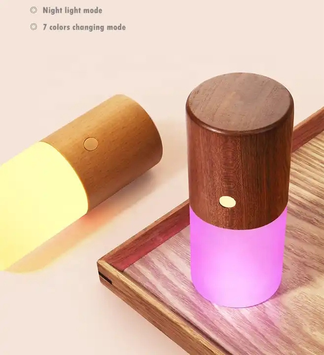 Unique flip color-changing gravity sensor colorful  night light bedroom bedside night light with wooden base