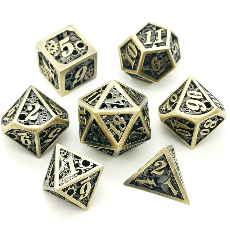 Factory high quality hollow metal machinery polyhedral dice Copper carved dice set