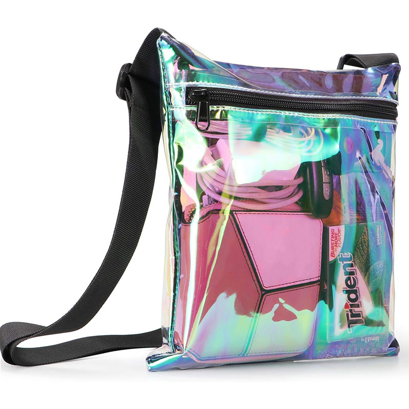 Factory wholesale custom logo concert clear see through transparent laser iridescent messenger bag crossbody shoulder sling bag