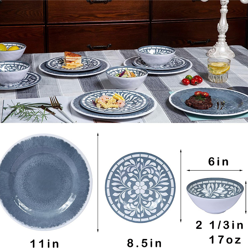 Vajilla vintage 12pc table dishes sets with plate bowl White flower printing restaurant used melamine dinnerware set