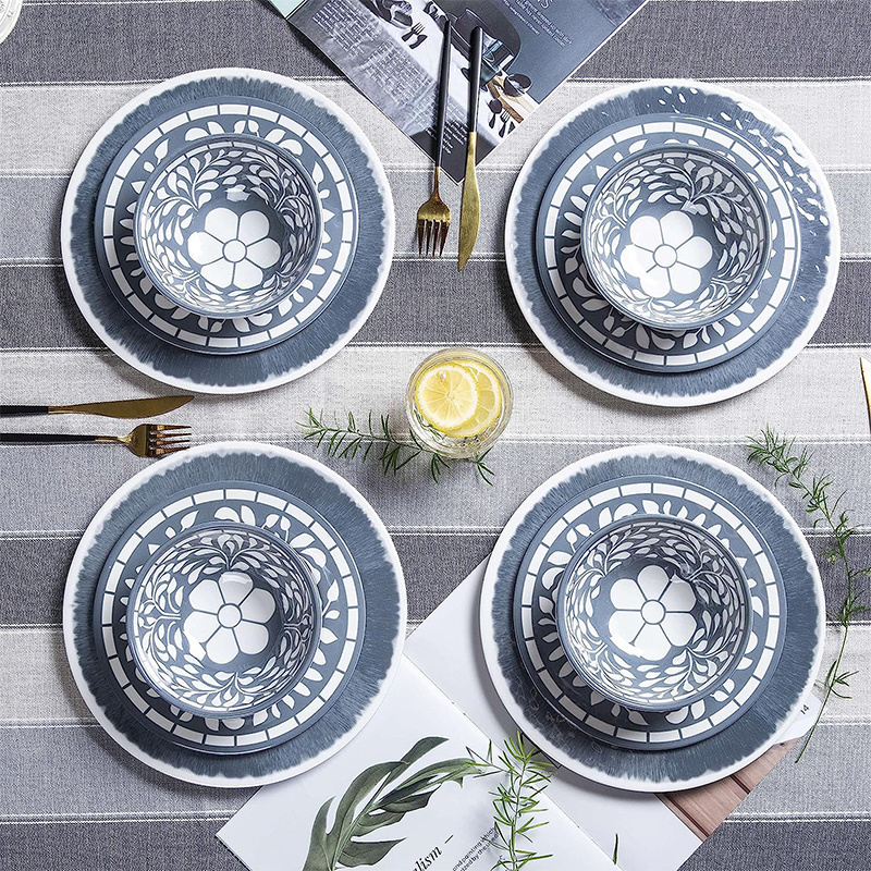 Vajilla vintage 12pc table dishes sets with plate bowl White flower printing restaurant used melamine dinnerware set