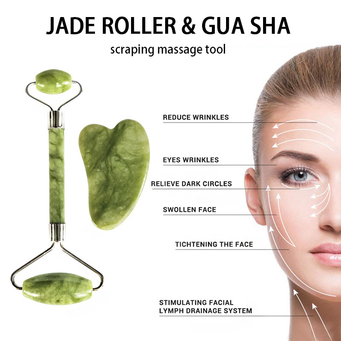 Private Label Green Facial Massage Tools Massager Jade Stone Roller Gua Sha Set