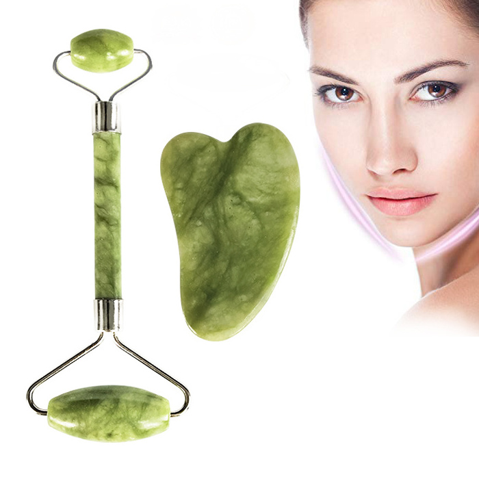 Private Label Green Facial Massage Tools Massager Jade Stone Roller Gua Sha Set