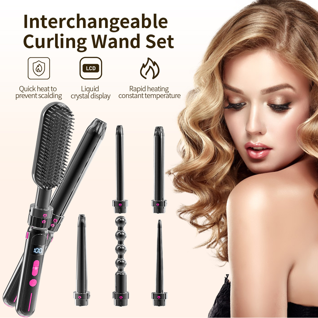 7 In 1 Barrel Electric curly Tool Salon Ceramic Wand Professional Hair curler Straightener comb Interchangeable Curling Iron Set