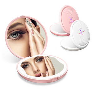 Small Handy Hand Handheld Magnifying Portable Round Mini Travel Led Makeup Cosmetic Purse Pocket Compact Mirror With Light