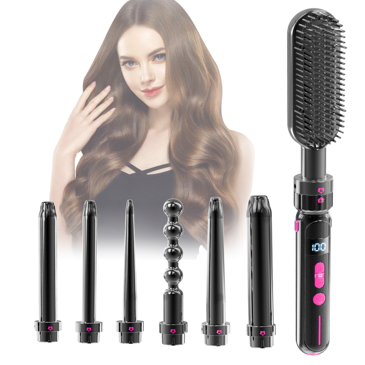 7 In 1 Barrel Electric curly Tool Salon Ceramic Wand Professional Hair curler Straightener comb Interchangeable Curling Iron Set