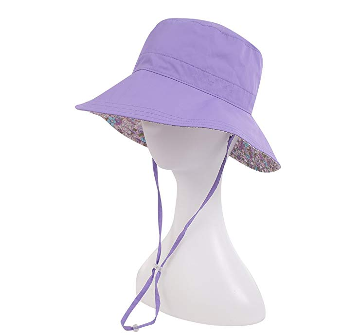 Wide Brim Bucket Sun Hat UV50+ Protection - Summer boonie Fishing Beach Hats With Chin Cord and Flower Pattern Design - Packable