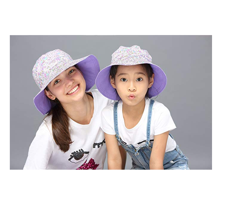 Wide Brim Bucket Sun Hat UV50+ Protection - Summer boonie Fishing Beach Hats With Chin Cord and Flower Pattern Design - Packable