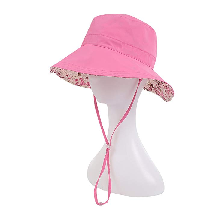 Wide Brim Bucket Sun Hat UV50+ Protection - Summer boonie Fishing Beach Hats With Chin Cord and Flower Pattern Design - Packable