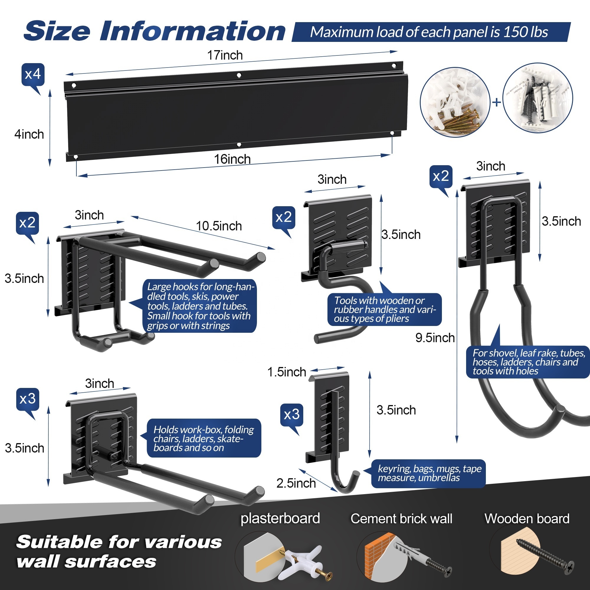 Heavy Duty Steel With Powder Coated Wall Mounted Tool Garage Storage Organizer Rack System, Garage Tool Storage Rack