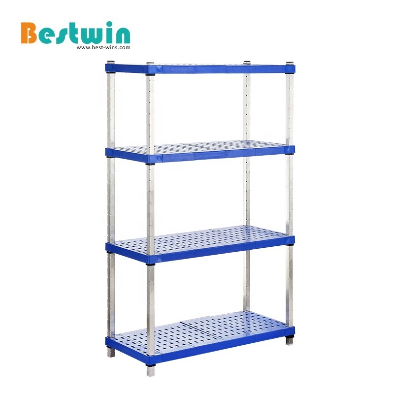 4-Tiers Catering Kitchen Warehouse Shelving Stainless Steel Plastic Food Storage Shelves