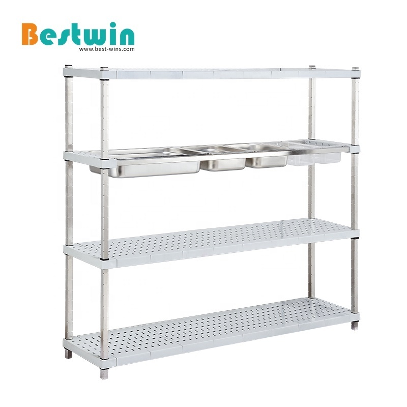 4-Tiers Catering Kitchen Warehouse Shelving Stainless Steel Plastic Food Storage Shelves