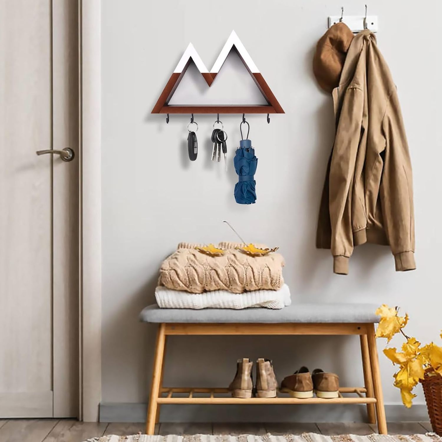 Mountain Key Holder for Wall Decorative, Wooden Key Hanger Wall Mount with 5 Hooks, Unique Key Rack for Mail and Key Organizer