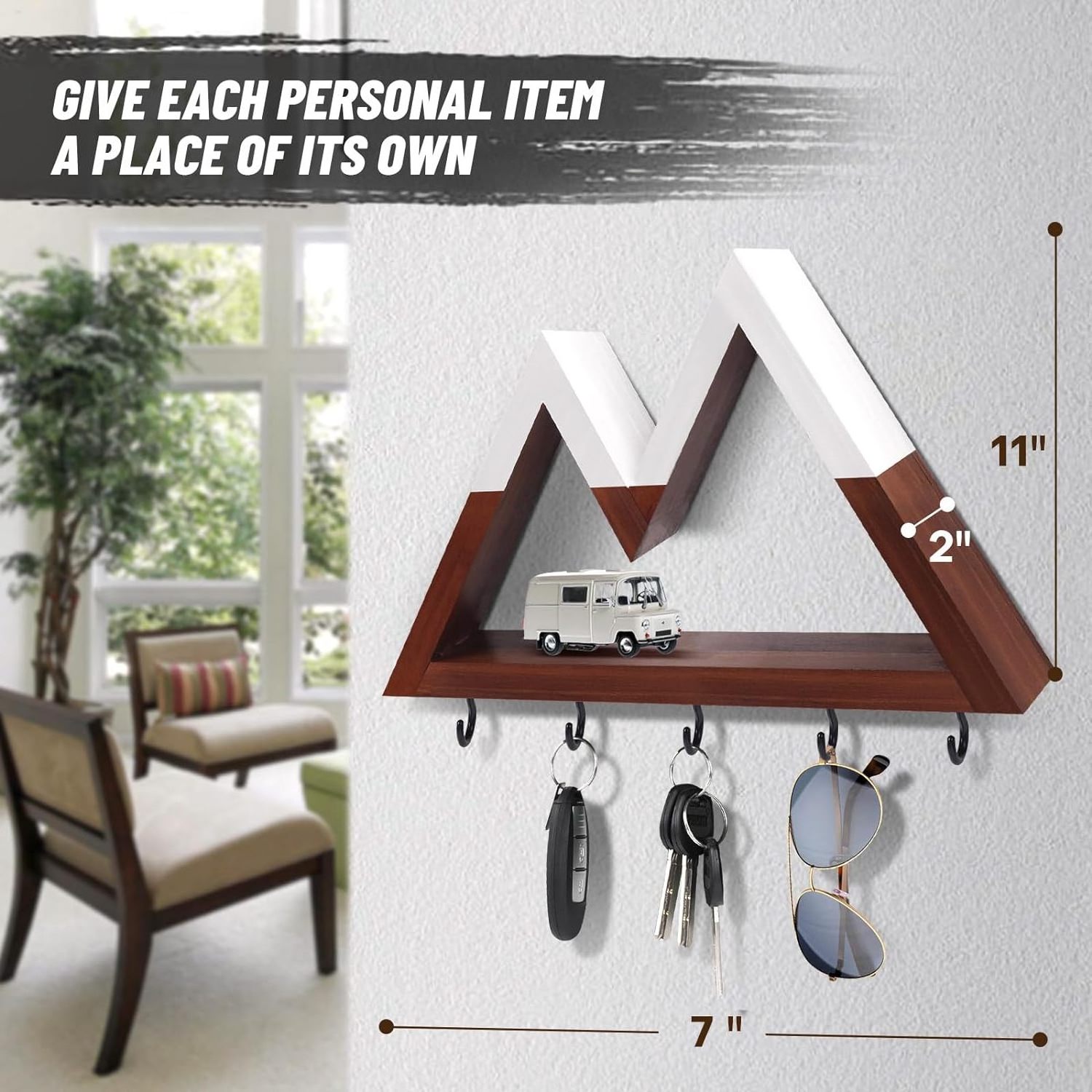 Mountain Key Holder for Wall Decorative, Wooden Key Hanger Wall Mount with 5 Hooks, Unique Key Rack for Mail and Key Organizer