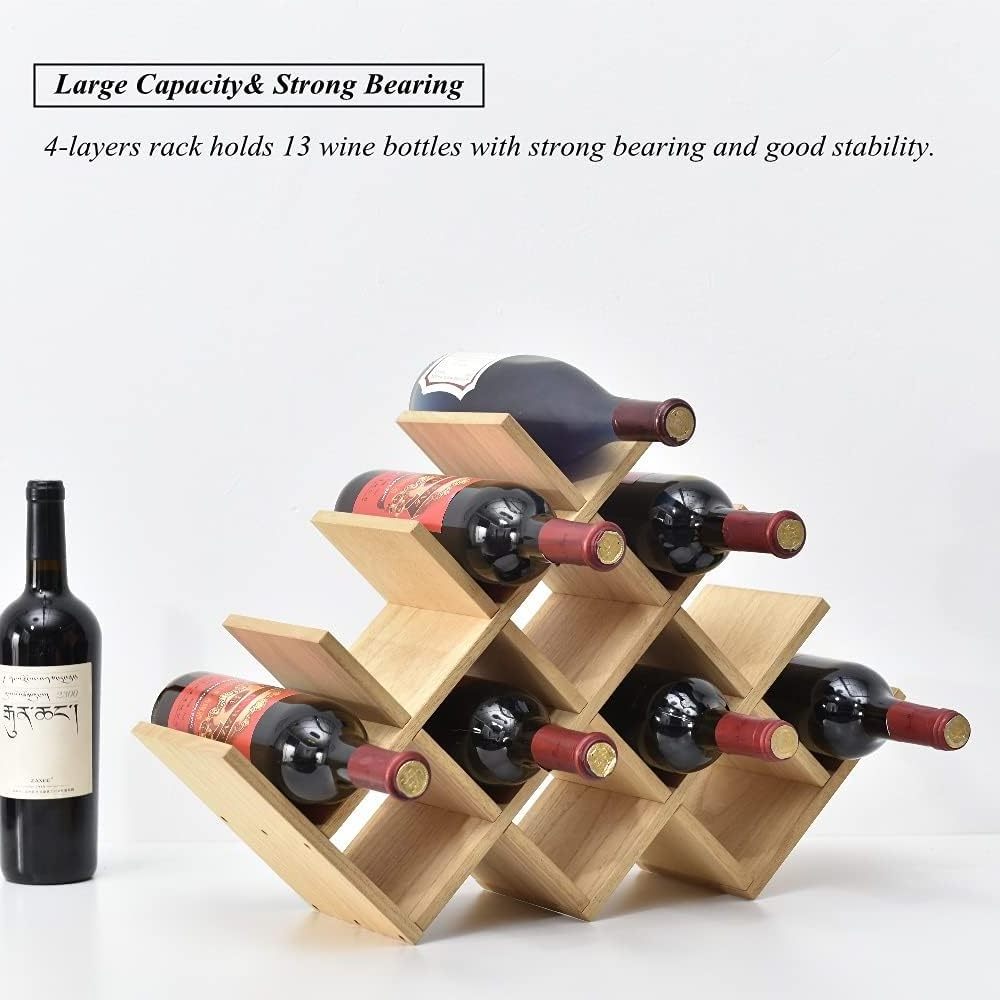 High Quality Wooden 13-Bottle Wine Rack - Nature Wood 4-Tier Wine Display Rack/Free Standing  Wine Storage Shelf - Bottle Holder