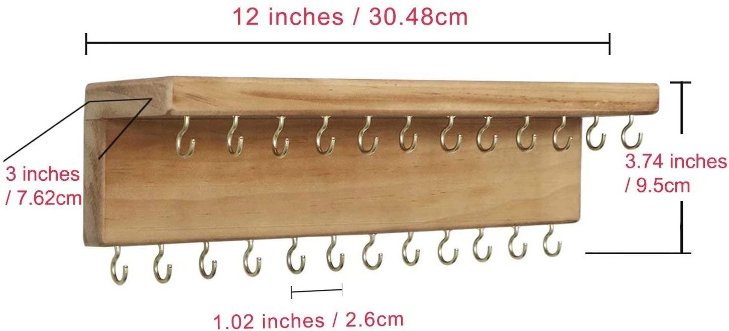 High quality rustic wood jewelry floating organizer  hanging earring hanger holder necklace wall mounted storage shelf