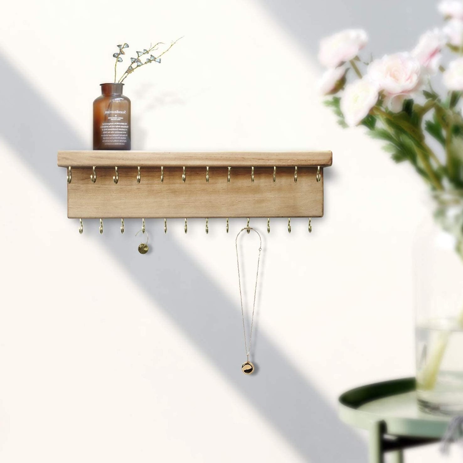 High quality rustic wood jewelry floating organizer  hanging earring hanger holder necklace wall mounted storage shelf