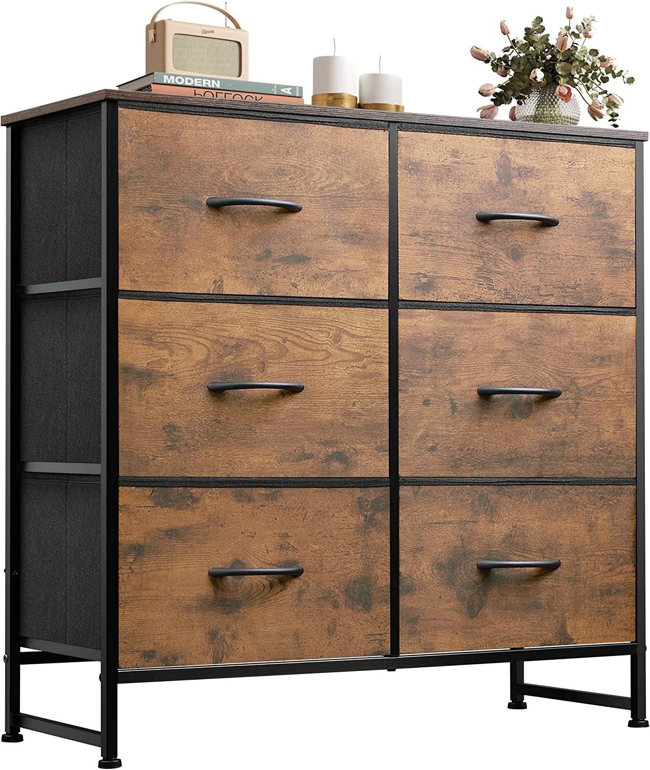 New style 6 Drawer Double Dresser, Storage Tower with Fabric Bins  Chest of Drawers for Closet