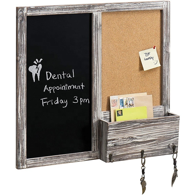 Rustic Wooden Wall Mounted Chalkboard Wood Chalkboard Entryway Message Board with Mail Holder & Key Hooks