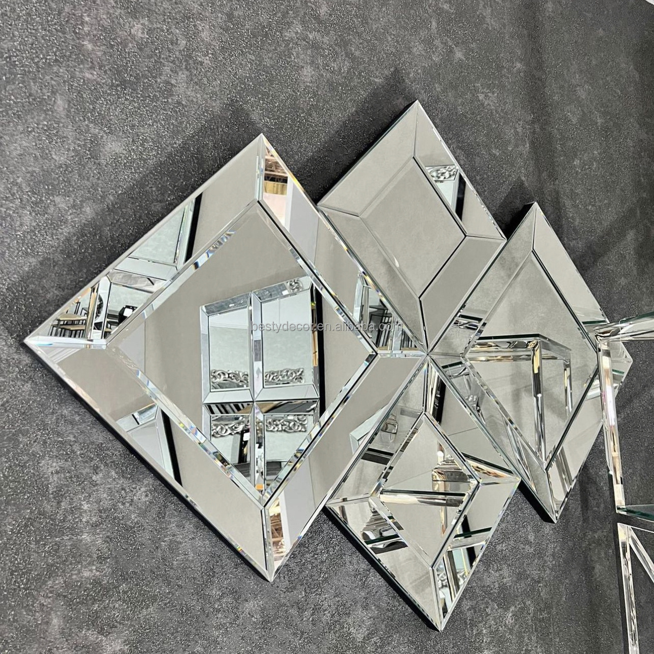 French Decorative Handmade Honeycomb large bevel edge frameless cut silver mirrors wall living room tile for hotel interior