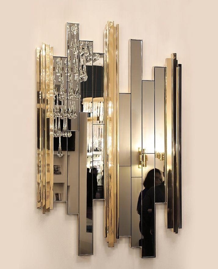 Modern Custom Strip Gold and Clear Metal Framed Bevelled Mirror Narrow Leaner Mirror