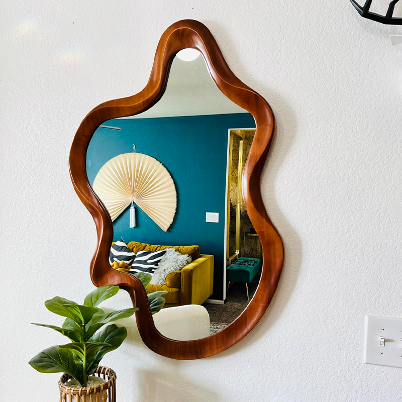 2024 Hot Sale Unique Aesthetic Cloud Mirror For Entrance Asymmetrical Decor Wood Frame Mirror Irregular Shaped Wall Mirror