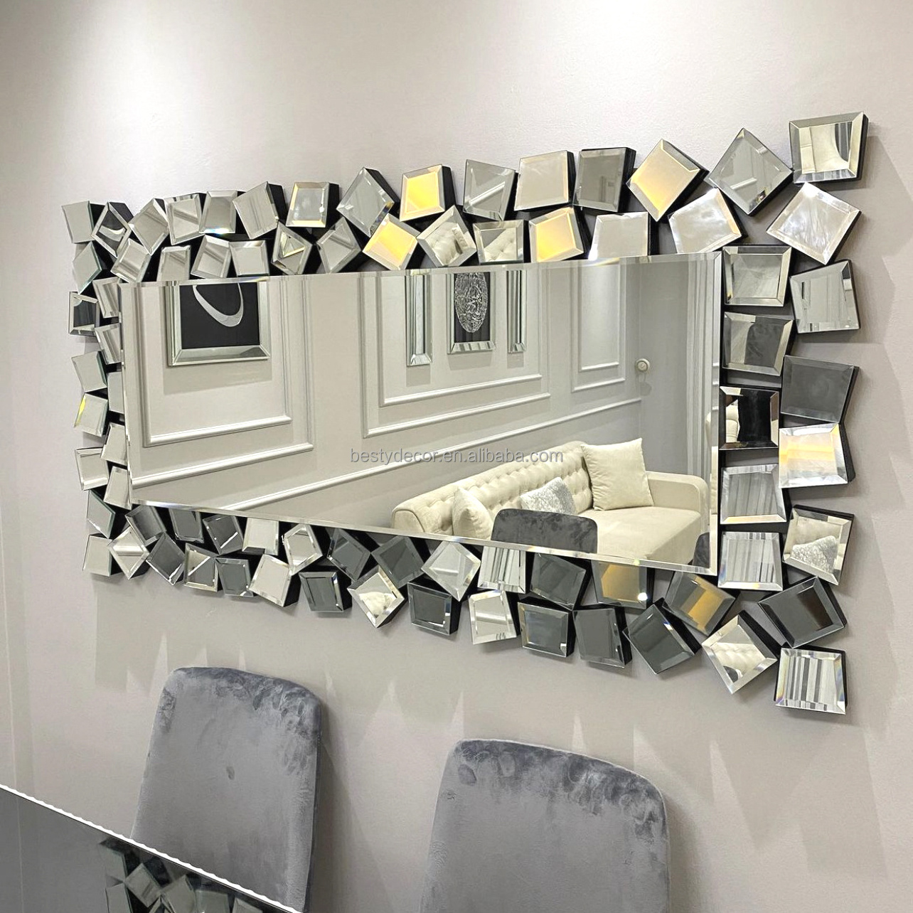 2023 New Arrival Venetian Design Small Tiles Wall Hanging Decor Mirror with Bevel Edge Large Rectangular Mirror speigel