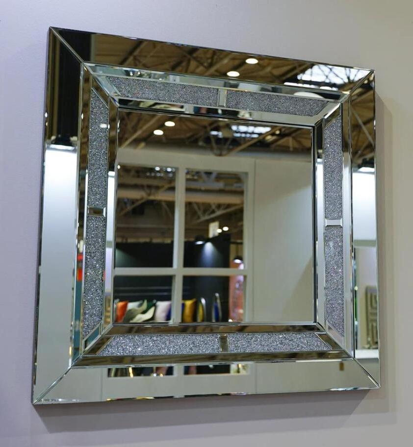 Square Silver Mirror for Wall Decoration Crystal Crush Diamond Sparkly Wall Hang Frameless Bling Vanity Mirror