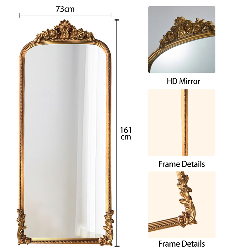 Antique French Wall Wooden Mirror Extra Large Decorative Arched Gold Wooden Frame Standing Full Length Large Size Floor Mirror