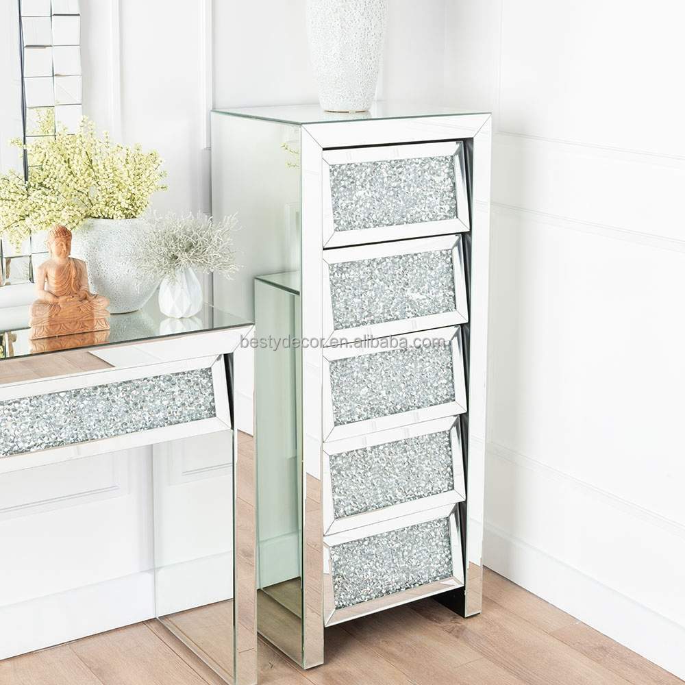 5 Drawers Diamond Furniture Wood Living Room Luxury Storage Mirrored Frame Wood Cabinets Chest Of Drawer