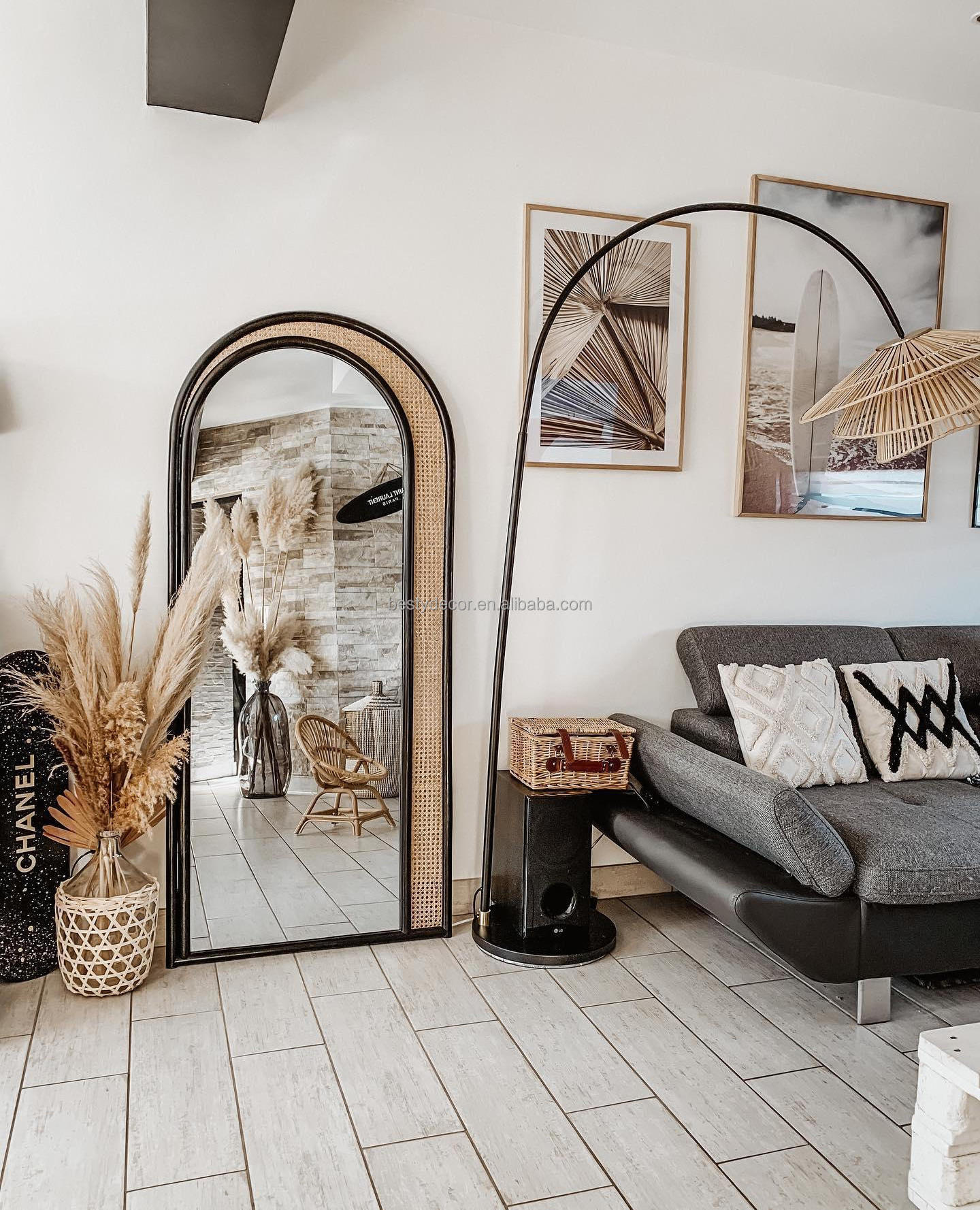 Rattan Wall Arched Mirrors Large Decorative Body Full Length  Mirror For Living Room Bedroom