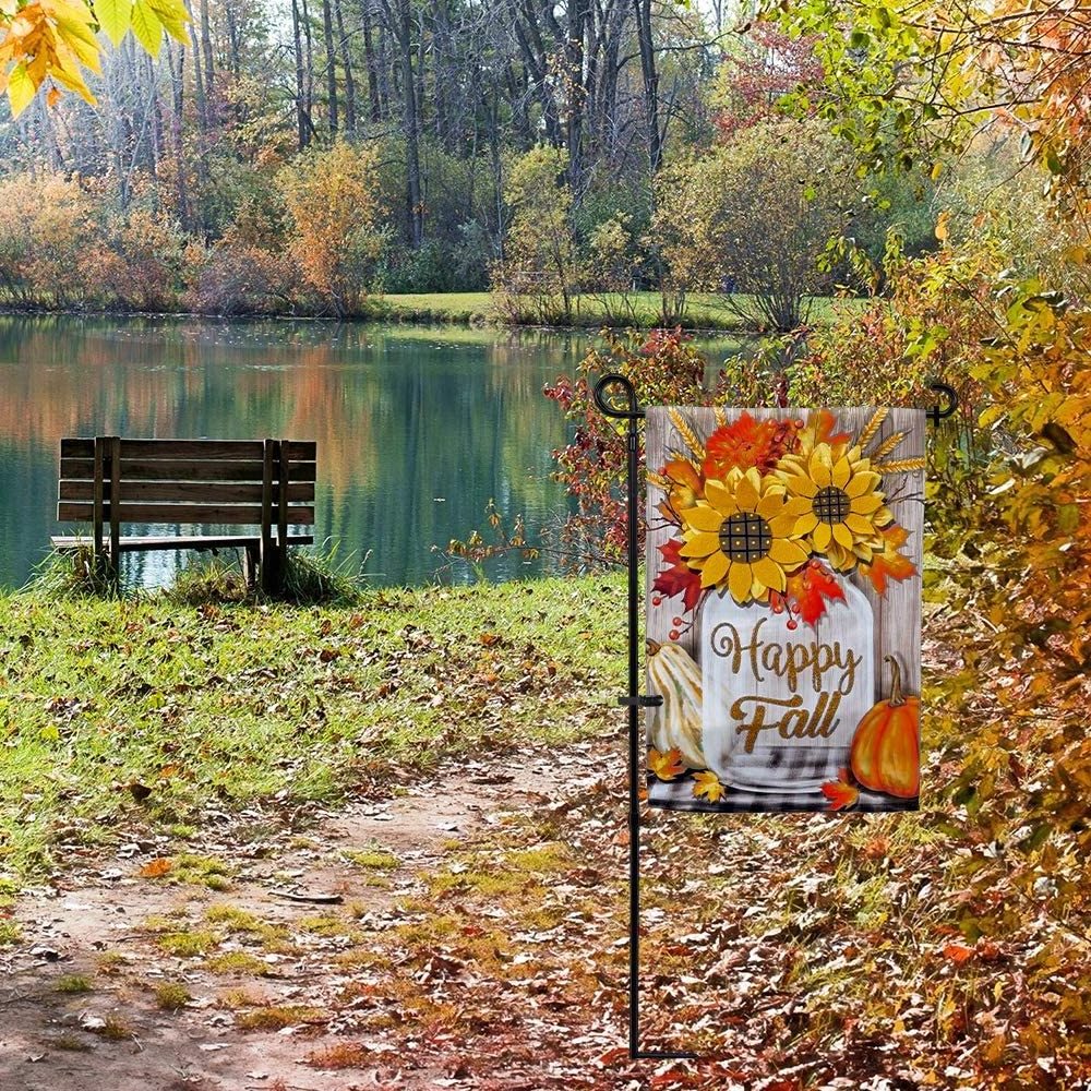 12X18in Double Sided Vertical Happy Fall With Pumpkin Applique 3D Sunflowers Burlap Garden Flags