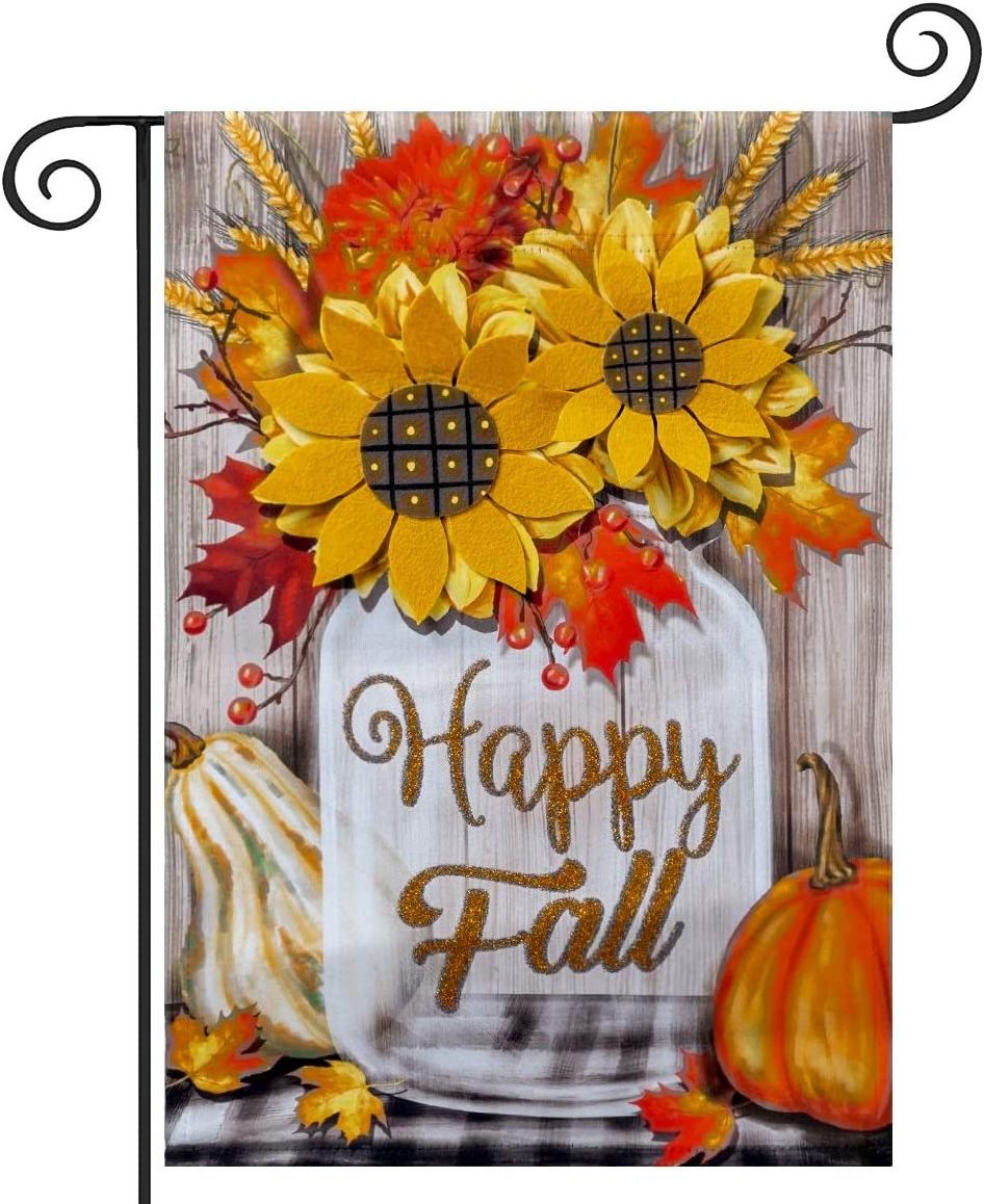 12X18in Double Sided Vertical Happy Fall With Pumpkin Applique 3D Sunflowers Burlap Garden Flags