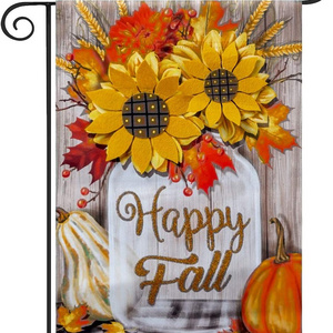 12X18in Double Sided Vertical Happy Fall With Pumpkin Applique 3D Sunflowers Burlap Garden Flags