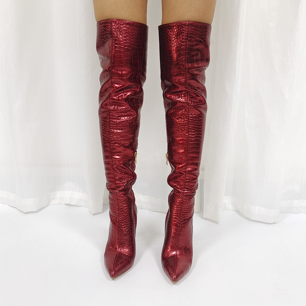 Wholesale Stiletto Heel Pointed Toe Ruched Croc Fashion 2022 Sexy Cute Thigh High Latex Metallic Boots Women