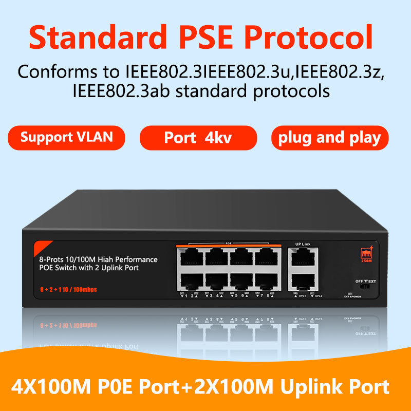 8 Port 10/100M Poe Ethernet Switch 8+2 CH OEM/ODM IEEE802.3 AF/AT Support 48V Vlan Smart Network Switch NVR For CCTV IP Camera