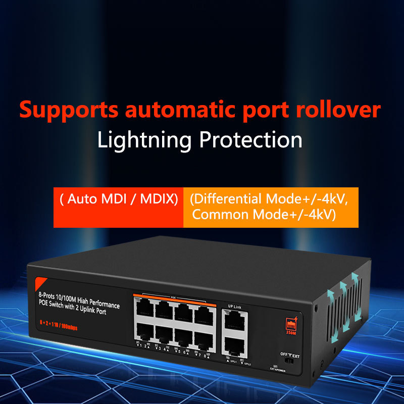 8 Port 10/100M Poe Ethernet Switch 8+2 CH OEM/ODM IEEE802.3 AF/AT Support 48V Vlan Smart Network Switch NVR For CCTV IP Camera