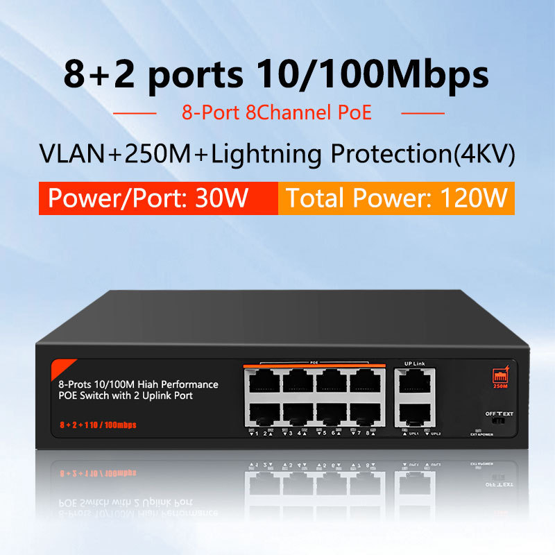 8 Port 10/100M Poe Ethernet Switch 8+2 CH OEM/ODM IEEE802.3 AF/AT Support 48V Vlan Smart Network Switch NVR For CCTV IP Camera