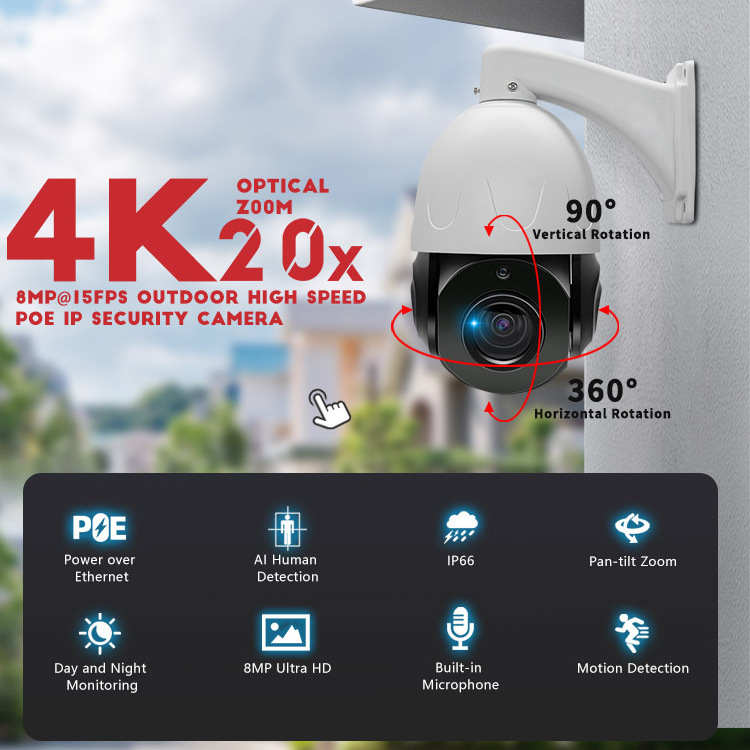 CCTV Factory 4K 20X PoE PTZ 100m 8MP@15fps IR built-in mic Audio Outdoor Auto Tracking High Speed IP Network Security camera