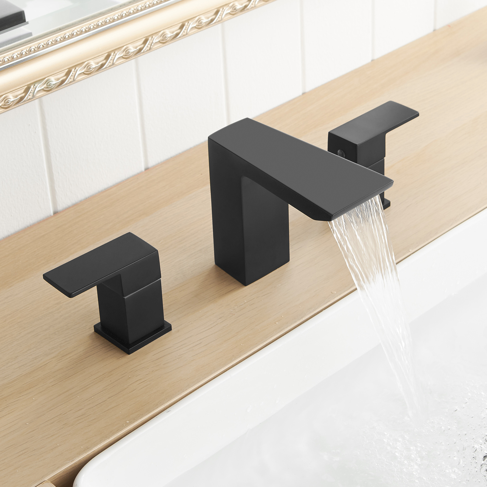 Hot Selling 3 Holes 2-Handles Matte Black Brass Waterfall Tap Bathroom Wash Basin Faucet hot and cold