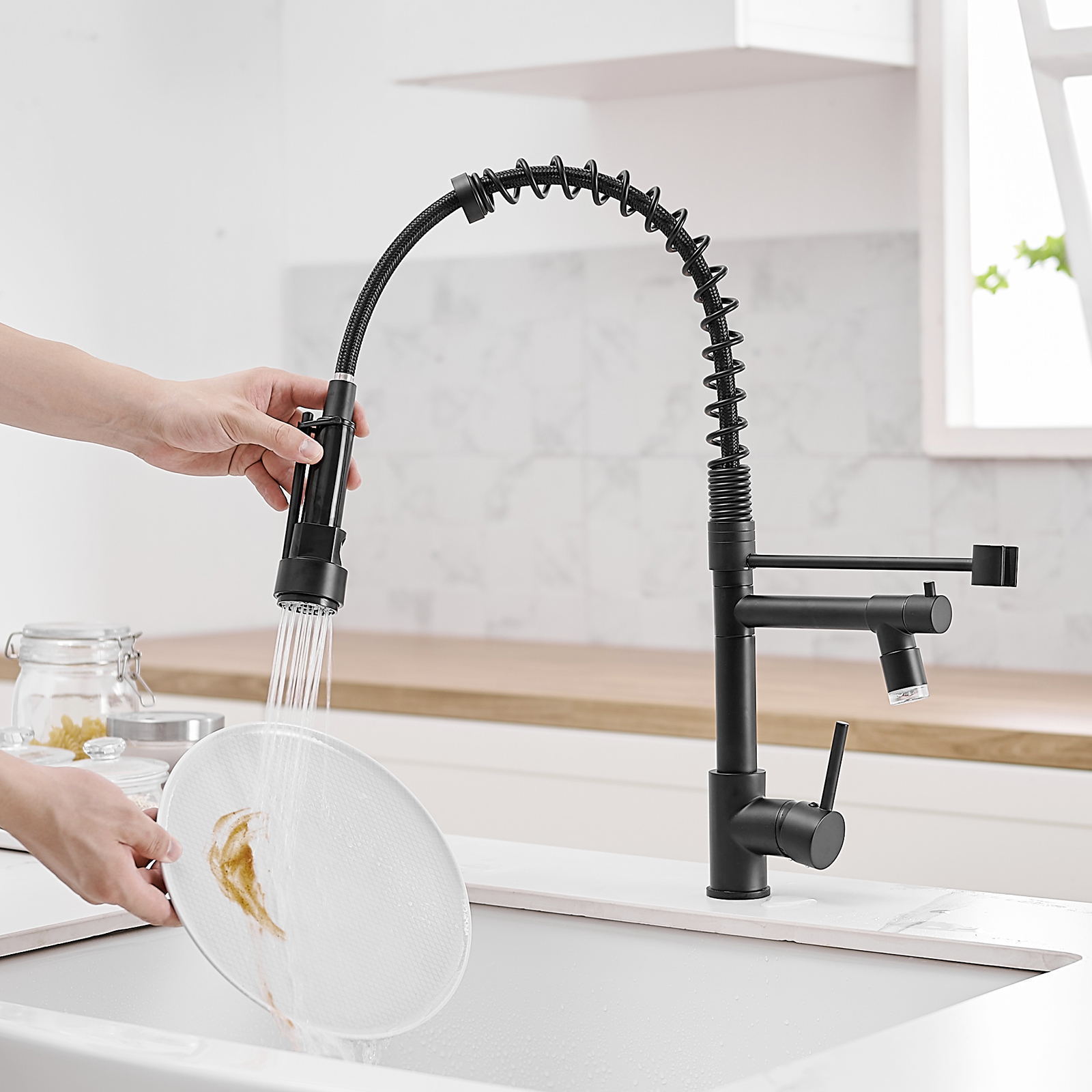 Kitchen Faucet with Pull Down Sprayer, Dual Morden Commercial Rv Single Handle LED Kitchen Sink Faucet with Pot Filler