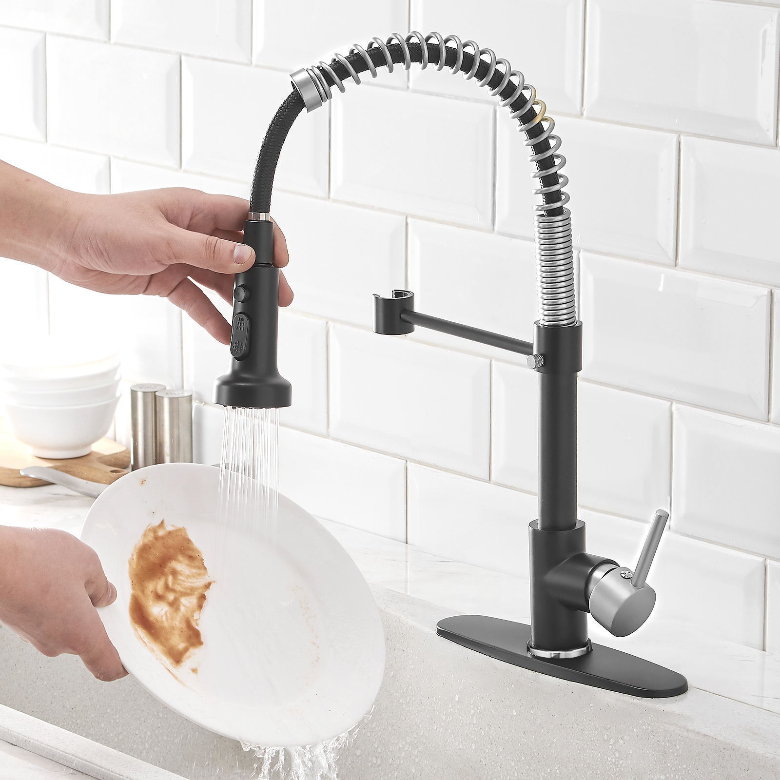 Matte Black & Brushed Nickel Kitchen Tap Single Handle Pull Out Kitchen Faucet Kitchen Sink Faucet with Sprayer