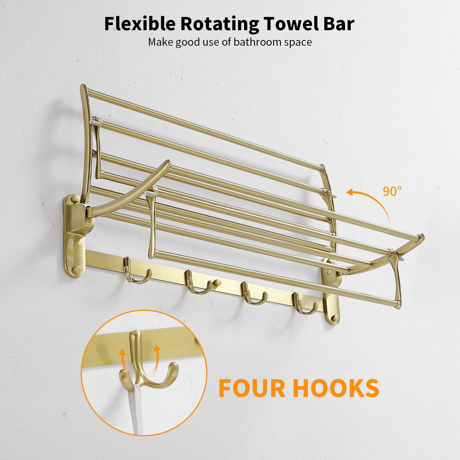 Bathroom Stainless Steel Corner Bath Towel Racks with Hook Wall Mounted Folding Towel Rack