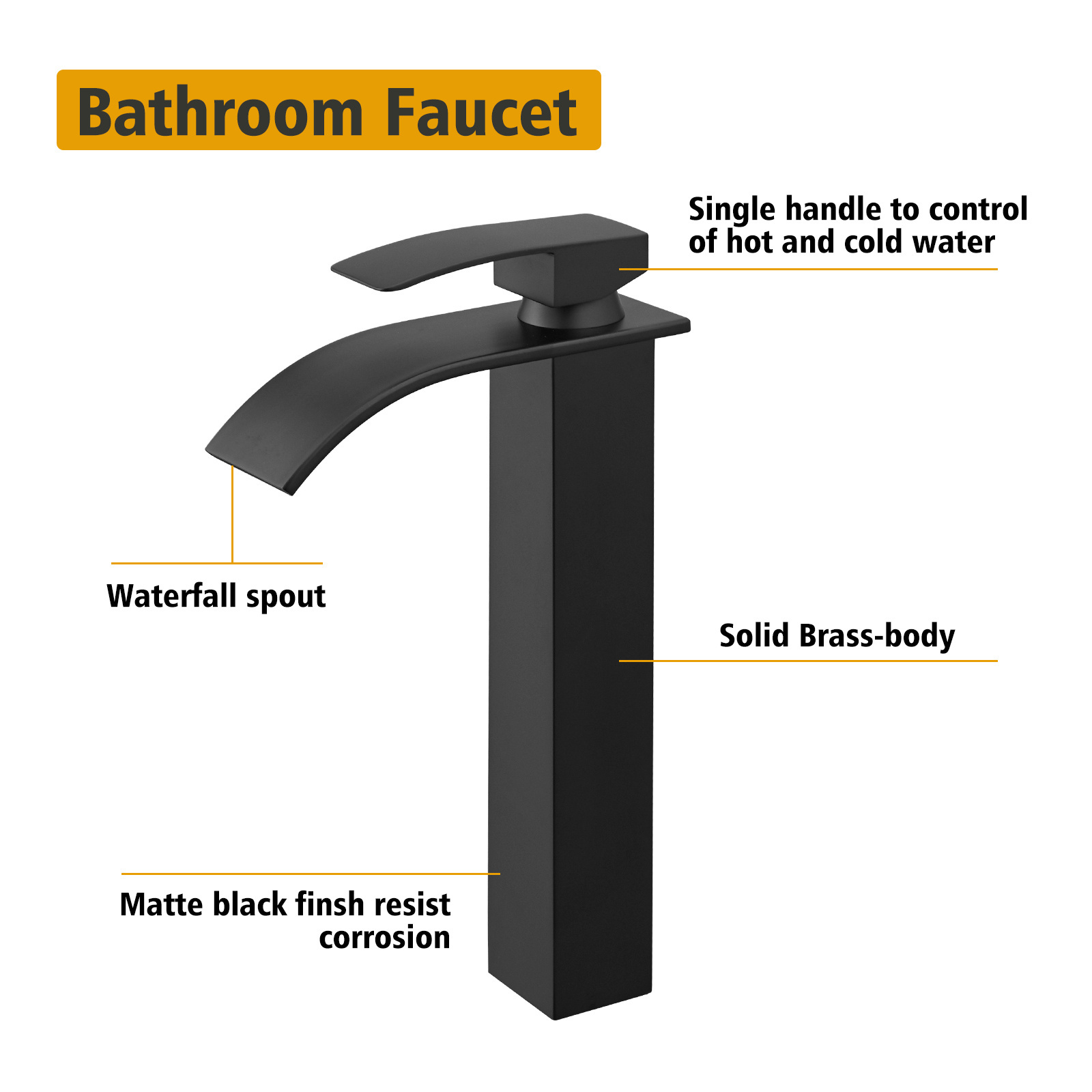 Matte Black Stainless Steel Tall Toilet Taps Single Handle Waterfall Bathroom Sink Faucet