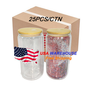 Usa Warehouse 12Oz 16Oz 20Oz Clear Blank Sublimation double wall Snowglobe Beer Can Glass Cup tumbler With bamboo Lid And Straw