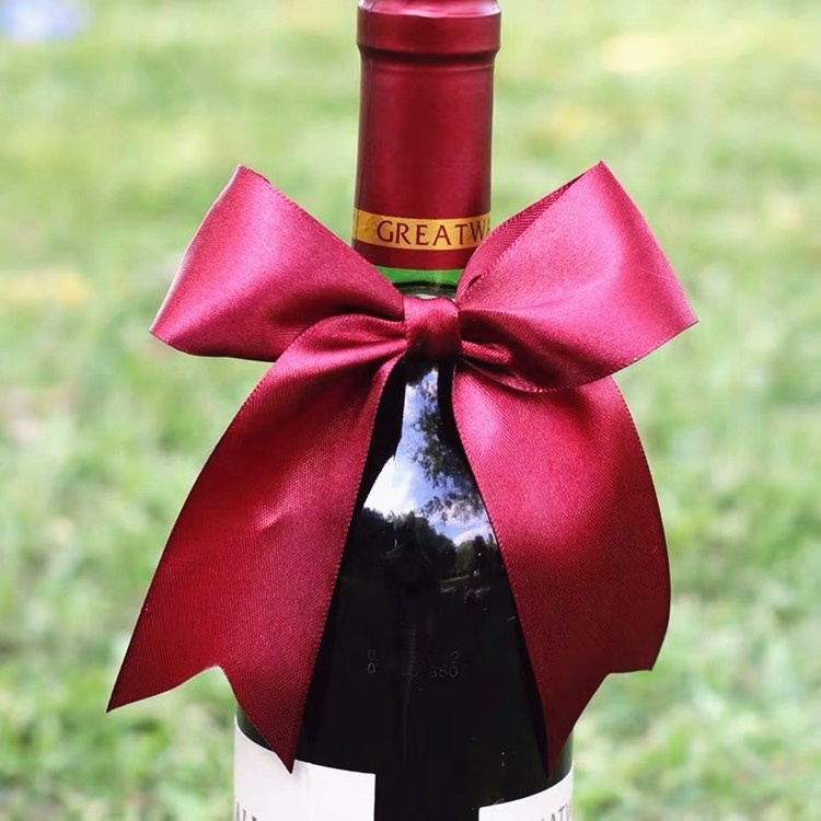 Handmade red wine bottle neck gift decorative satin ribbon bows with elastic loop