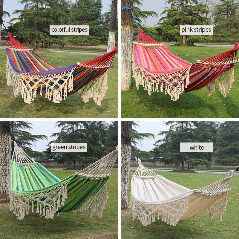 Color Double Wood Macrame Garden Tassel Hammock Portable Outdoor Amacas Swing Colgantes Hammock With Tree Strap