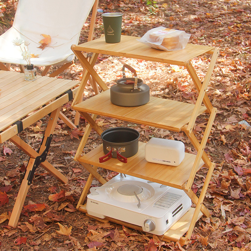 2022 New Portable Camp Kitchen Grill Square Outdoor Side Table Bamboo Picnic Camping Wood Table Set Dining Furniture Adjustable