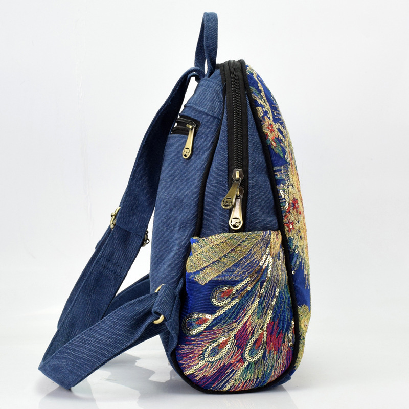 National Ethnic Style Anti-theft Handmade Embroidery Sequin Peacock Design Large Capacity Multiple Pockets Women Canvas Backpack